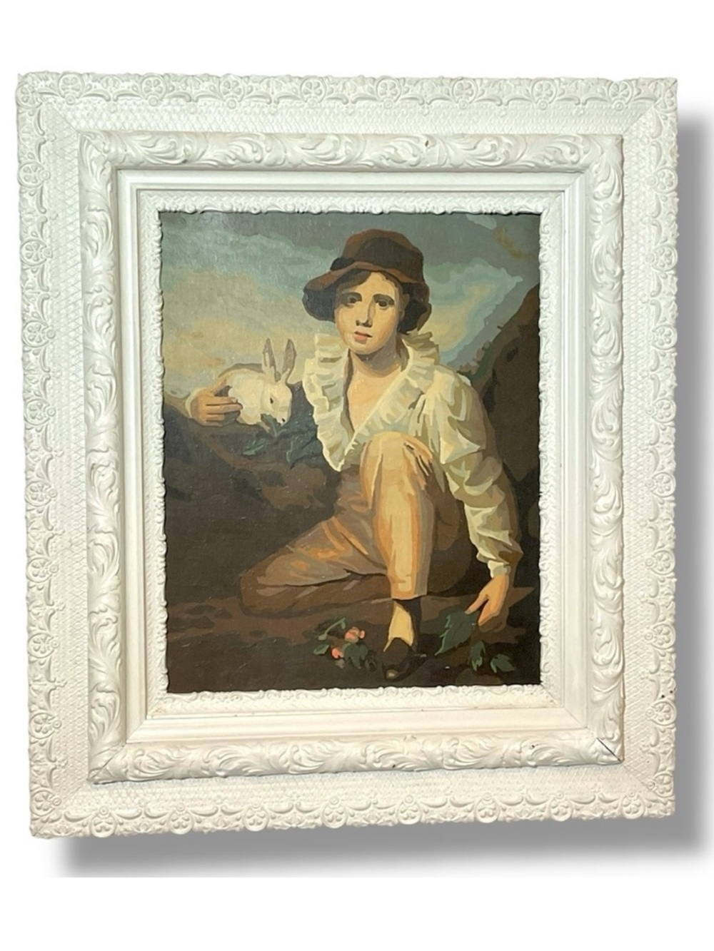 Antique Victorian Picture Frame Carved Wood Painting Boy Rabbit Paint By Number